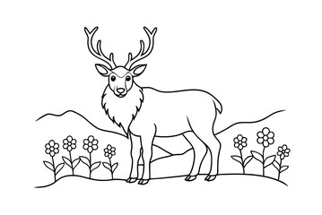 Deer In Nature Line Art Illustration With Flowers And Hills Background