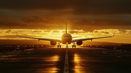 A deserted plane runway at sunrise with long shadows cast by the runway lights still on