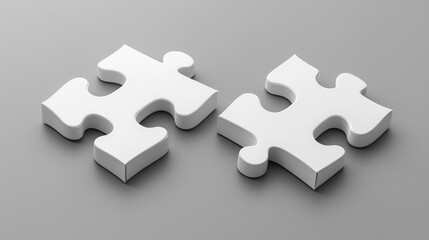 Obraz premium Two white puzzle pieces rest on a clean, light gray surface, representing connection and problemsolving