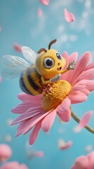 3D Cartoon Bee Flying with a Flower in Its Hands