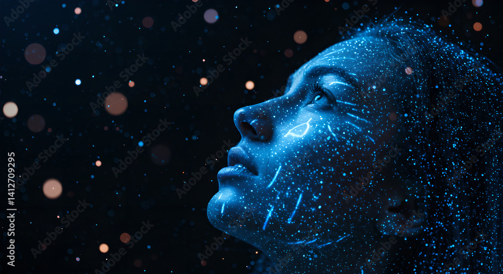 Poster woman with digital interface projection on face looking up. artificial intelligence and future techn