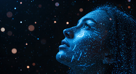 Woman with digital interface projection on face looking up. Artificial intelligence and future technology concept for innovation, body technology and advertising purpose.