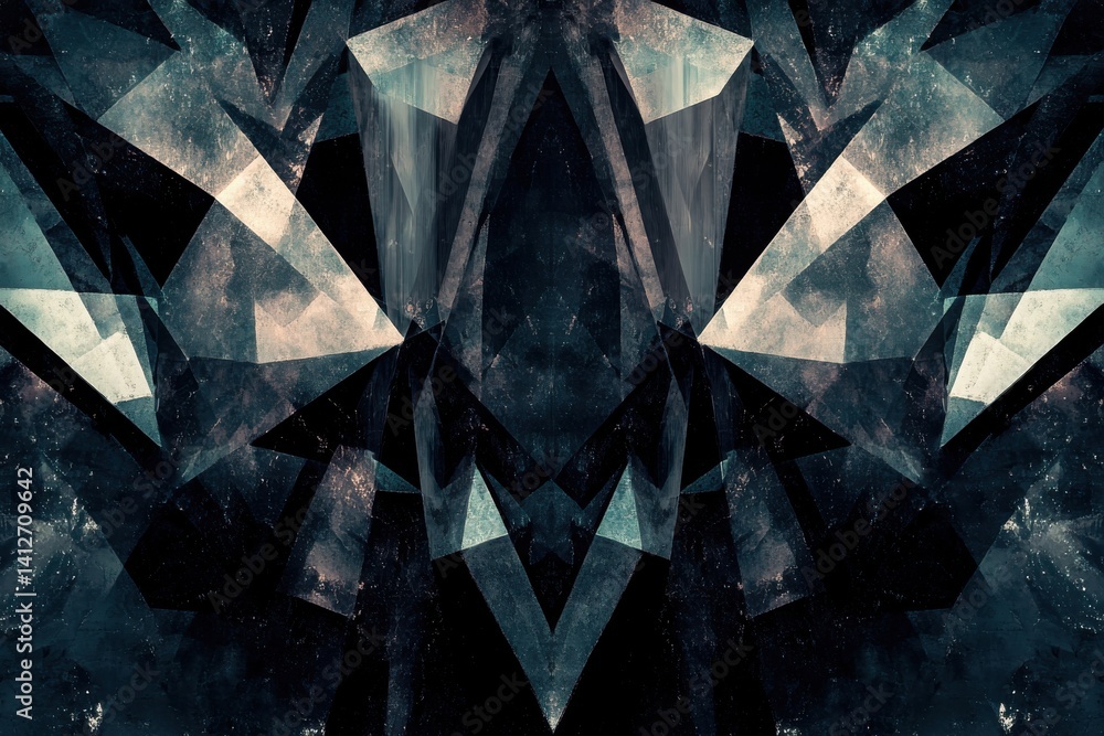 Poster abstract symmetrical composition featuring geometric shapes in shades of blue and white creating a p