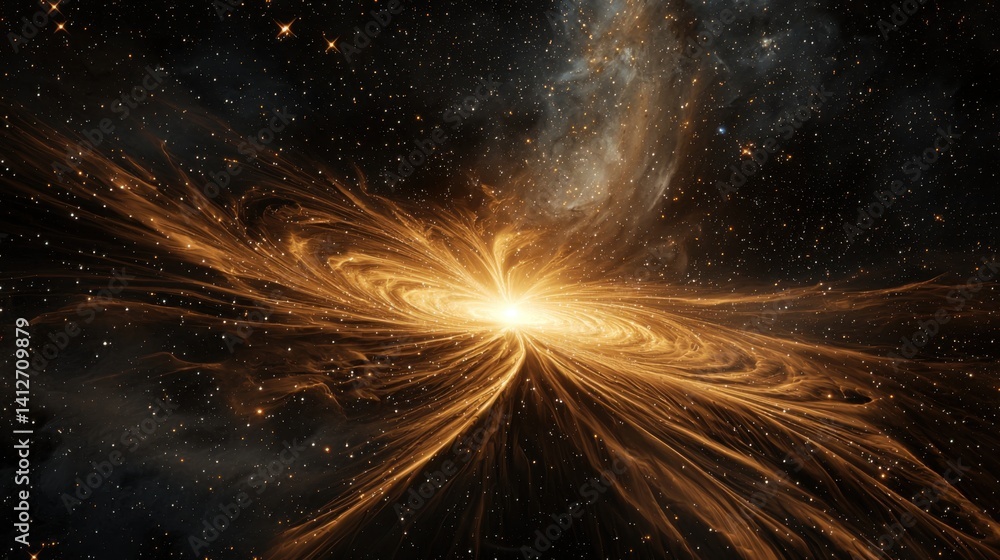 Poster a brilliant cosmic explosion unfolds in deep space, with swirling golden patterns radiating from a c