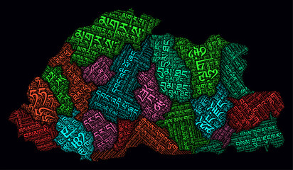 Bhutan Regions Word Clouds. Bright neon style design on dark background. Region names of the country in Dzongkha language. Country shape with administrative division. Elegant vector illustration.
