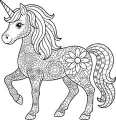 zentangle style unicorn, horse vector illustration. Line art with flowers and anti-stress element coloring page. Kids coloring page. 