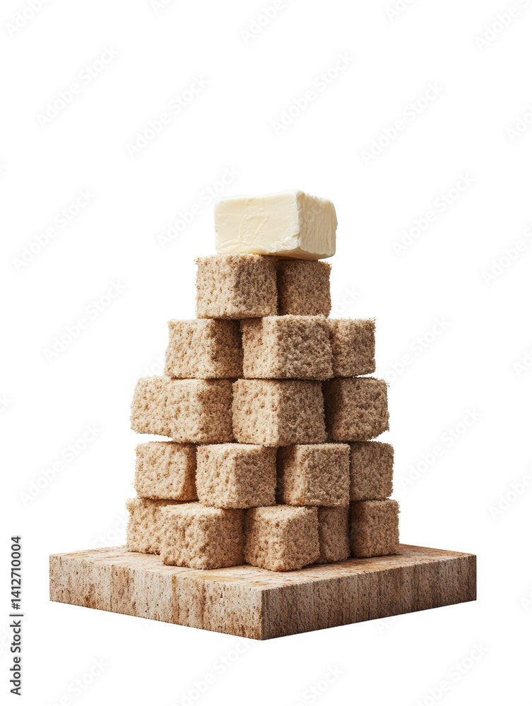 Poster tower of sugar cubes with a block of butter on top, isolated on black background for culinary and fo