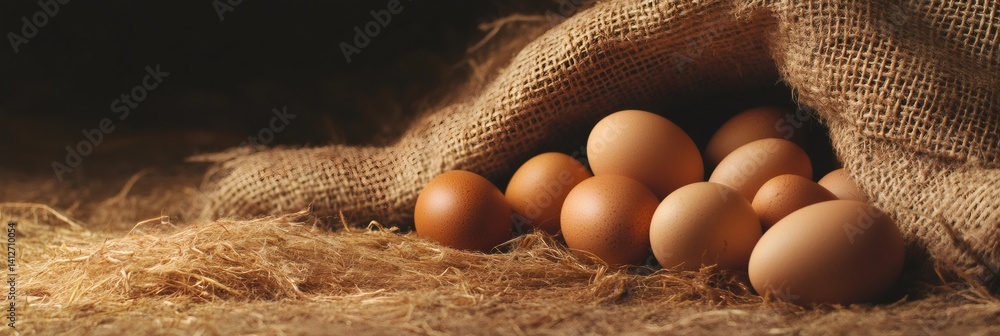 Poster fresh brown chicken eggs are nestled on a bed of straw beneath a rustic burlap sack, evoking a sense