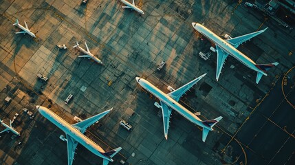 An aerial view of Heathrow Airport runway, showing multiple planes taxiing and preparing for departure