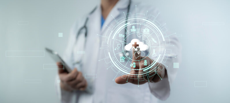 Futuristic cloud interface is accessed by a doctor to illustrate secure health data transfer, cloud-based medical records and modern healthcare technology integration in a smart system