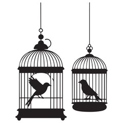 vintage birdcages with birds Vector Black silhouettes. with white background