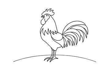 Rooster Outline Standing On Hill Black And White Simple Farm Animal Line Drawing