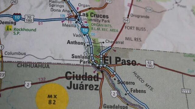Close up of the Mexico on a map with El Paso in sharp focus. El Paso on a map 

