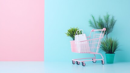Colorful Shopping Bags and Cart on Minimalist Blue Background for Online Retail and E-commerce