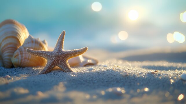 a peaceful seabed with seashells, starfish, and gentle currents moving the sand - Powered by Adobe