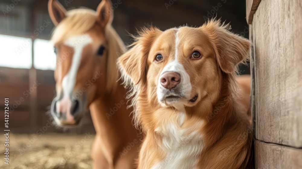 Poster close-up shot in soft, natural lighting capturing a brown and white dog with sad eyes next to a hors