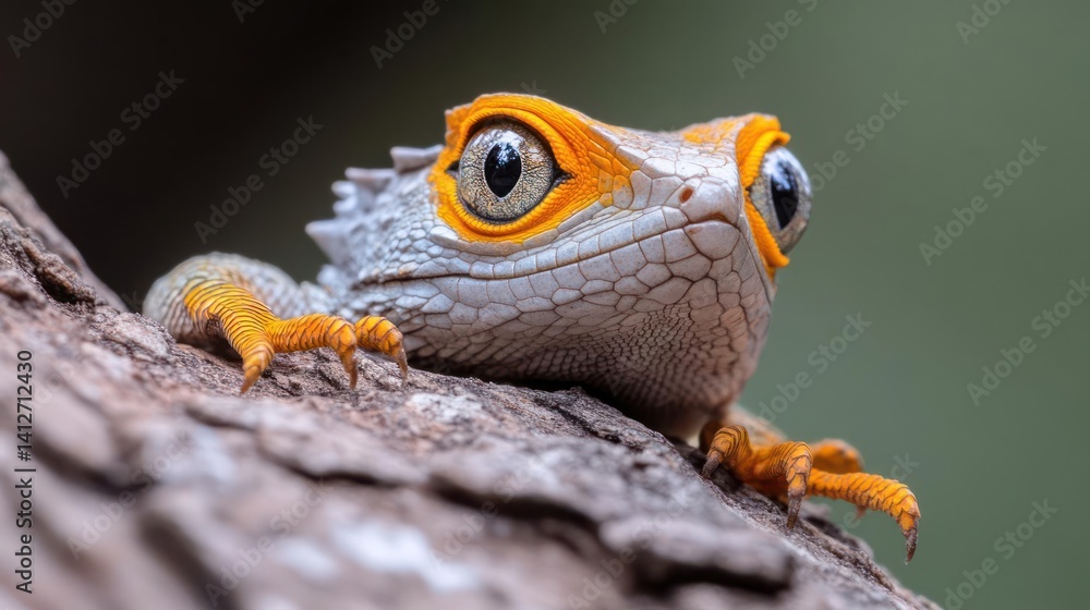 Aufkleber A close-up shot of an ornate lizard perched on a tree branch, showcasing its intricate scale patterns and vibrant orange highlights around the eyes and limbs, set against a soft green background