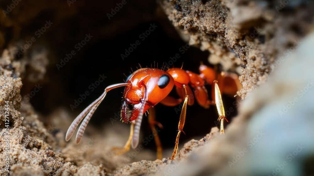 Poster close up shot of a red ant emerging from a small, dark hole in the dirt. the ant is in sharp focus, 