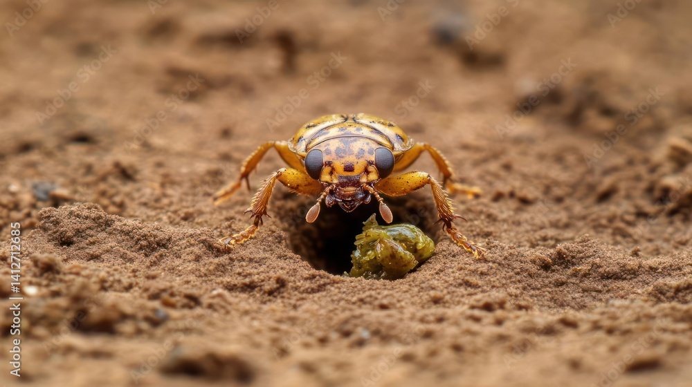 Aufkleber a vibrant yellow and brown patterned beetle emerges from a hole in the sandy ground, a ball of green