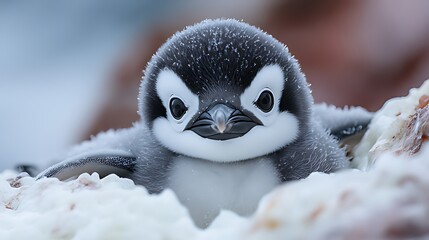 Naklejka premium Antarctic chick nestled in snow, gazing, blurred background