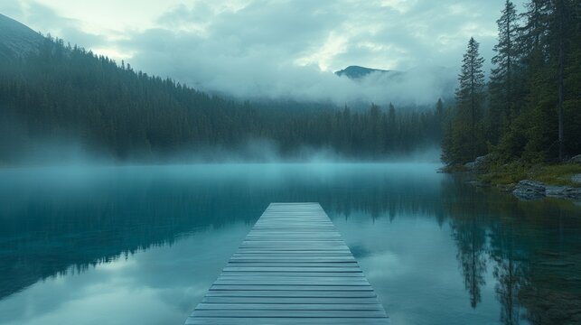 A misty lake at dawn, with a pier that extends into the fog, creating a calm and solitary ambiance, and offering sufficient negative space for the addition of text
