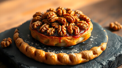 Fototapeta premium Swiss Nusstorte with Caramelized Walnut Filling on Slate Board