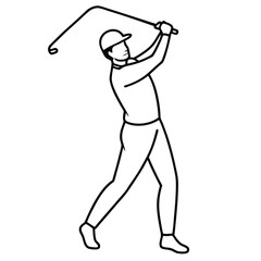 Golf element vector Line art of a golfer mid-swing with motion lines and minimal facial detail, comic sketch style