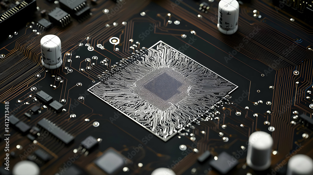 Poster close up of circuit board with microchip