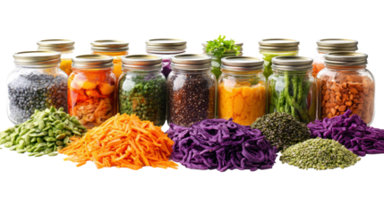 Colorful assortment of fresh vegetables and dried legumes in jars with vibrant ingredients on black background
