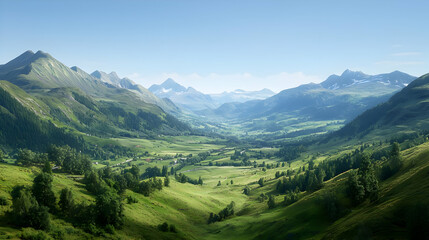 Naklejka premium Panoramic View Of Lush Green Valley Between Mountains