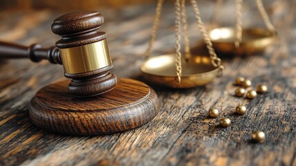 Justice Gavel Scales Law Wooden Table.