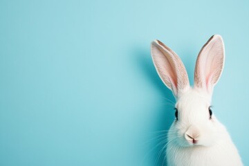 Fototapeta premium A cute rabbit ear sticking out from the bottom right corner of an isolated blue background, easter concept, high resolution photography 