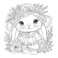 Beautiful fashionable bunny in a summer hat decorated with flowers stands posing in a flower garden. Coloring page. Illustration for coloring.