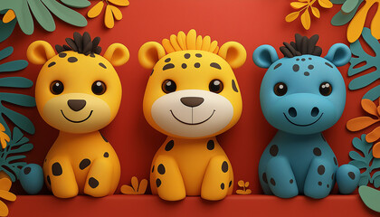 Naklejka premium Adorable Cartoon Safari Animals: Cheetah, Lion, and Hippo on Red Background