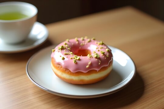 A donut with rose-pink and pistachio glaze on a sleek dish, paired with a cup of green tea, in a minimalist Japanese tearoom
