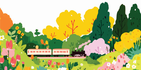 A whimsical train winds its way through a colorful landscape, passing vibrant trees and blooming flowers under a bright sky, evoking a sense of joyful travel and exploration.