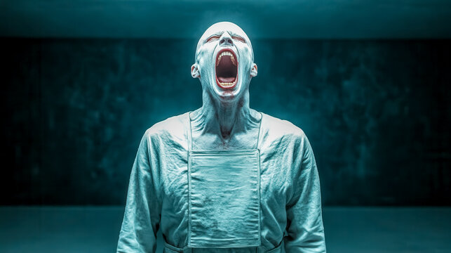 Patient wearing straitjacket screaming in mental hospital room