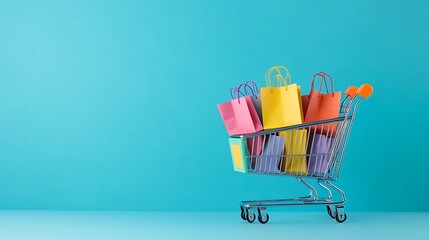 Colorful Shopping Bags and Cart on Minimalist Blue Background for Online Retail and E-commerce