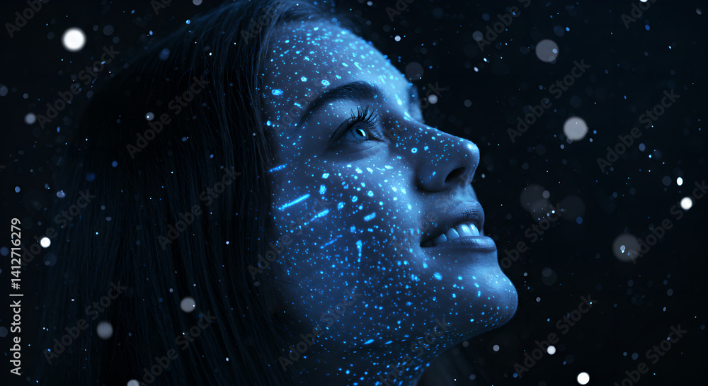 Poster woman face in profile with futuristic technology. innovation augmented reality glowing cyberspace sk