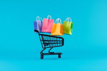 Colorful Shopping Bags and Cart on Minimalist Blue Background for Online Retail and E-commerce