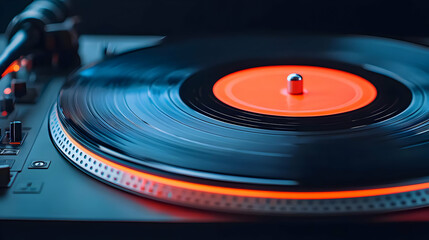Close Up Of Spinning Vinyl Record On Turntable