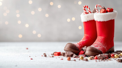 St. nicholas day celebration with red boot filled with candy and festive treats