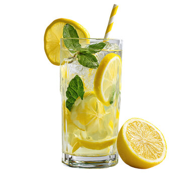 Lemonade in glass with sliced lemon and mint, isolated PNG format, transparent background, high-resolution, suitable for stock image use --v 7.0