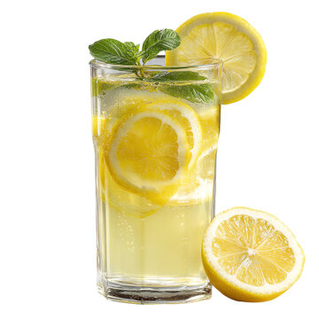 Lemonade in glass with sliced lemon and mint, isolated PNG format, transparent background, high-resolution, suitable for stock image use --v 7.0