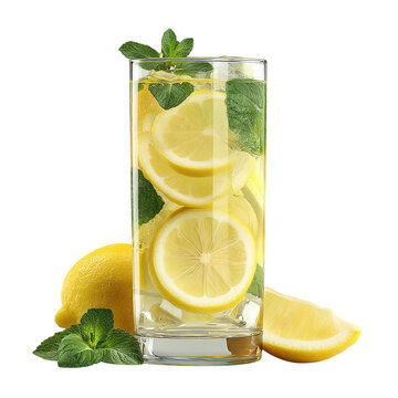 Lemonade in glass with sliced lemon and mint, isolated PNG format, transparent background, high-resolution, suitable for stock image use --v 7.0