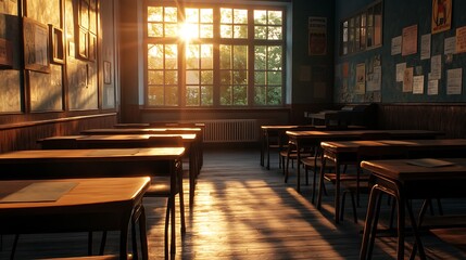 Empty Modern Classroom In the School Interior, Back to School Concept Book, Chair, table 3D Render.