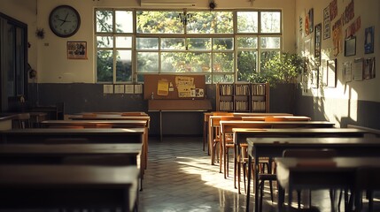 Empty Modern Classroom In the School Interior, Back to School Concept Book, Chair, table 3D Render.