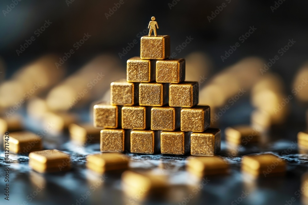 Aufkleber small figure standing triumphantly on top of a pyramid constructed from shiny gold blocks with blurr