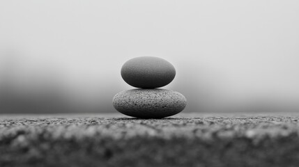 Smooth Grey Stone Balancing Stack - Minimalist Zen Composition on Rough Concrete