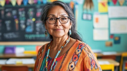 A middle-aged Native American female teacher stands confidently in a colorful classroom, radiating wisdom and cultural pride while inspiring her students in a diverse educational environment.